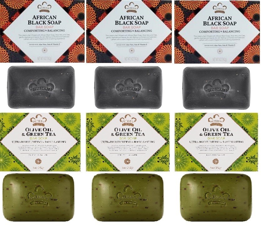 Nubian Heritage 6 Pack -  3Pk- African Black + 3pk- Olive Green Soap-5oz