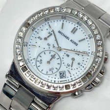 Michael Kors Chronograph Watch Women 38mm Silver Tone MOP MK-5585 New Battery