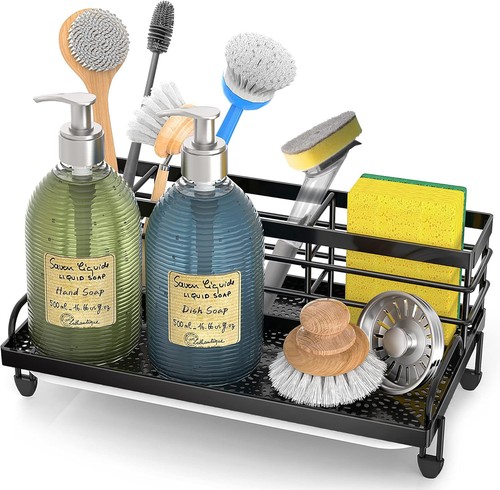 Organizador de carrito de fregadero de cocina Cisily, jabón antideslizante a prueba de óxido negro, negro