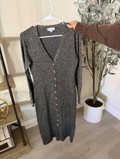 Calvin Klein Black Gold Sweater Bodycon Dress button front V Neck Size M
