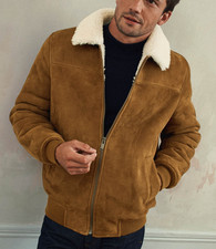 Veste en cuir marron pour hommes veste en daim bombardier col fourrure...