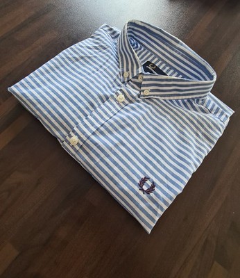 Fred Perry Hemd Größe L Slim Fit Hellblau Weiß Gestreift Langarm Herren Hemd Top