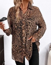 Women's Leopard Print Button-Up Blouse Size M, Collared Long Sleeve Animal print