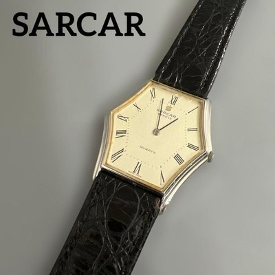 Sarcar Geneve Rare Used Hexagonal Men Watch Black Leather Wristwatch Genuine JPN