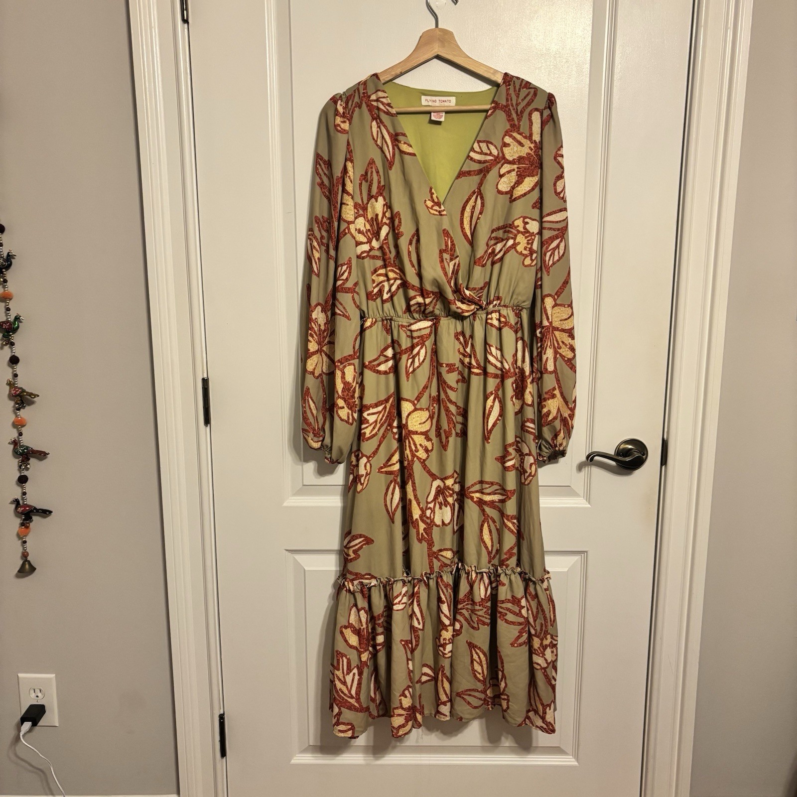 Flying Tomato Women's Green Red Floral Maxi Dress V Neck Balloon Sleeve L