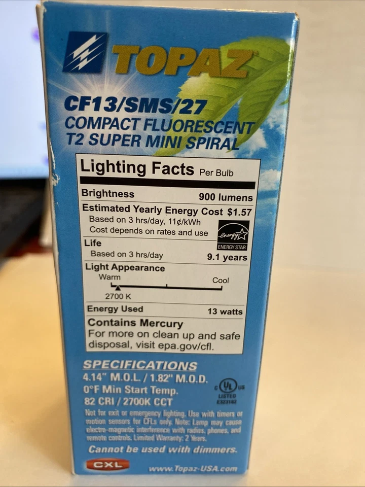 Topaz CF13/SMS/27 13 watt mini compact fluorescent 2700K 10,000 hours warm white - Image 3 of 4
