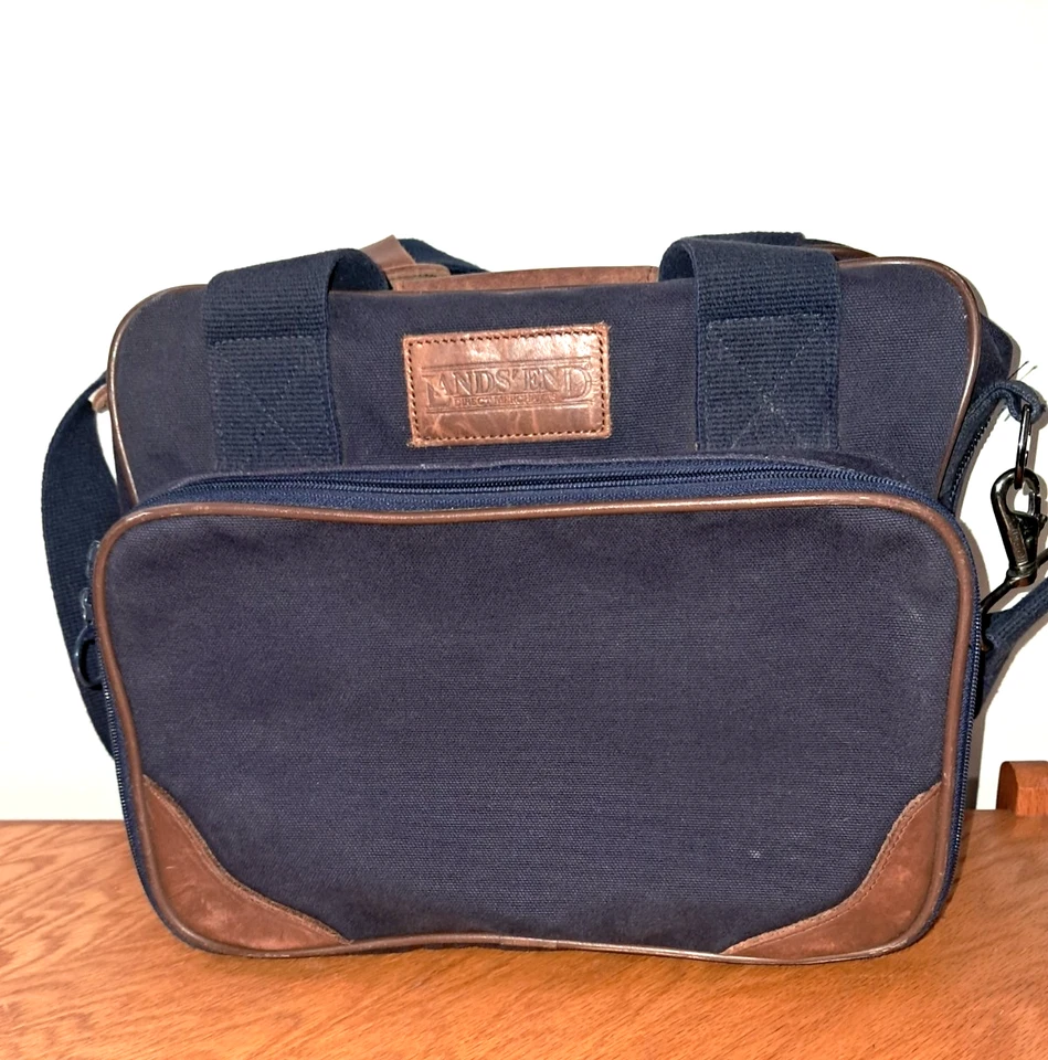 Lands End Azul Lona Cuero Borde Cuadrado Rigger Maletín Bolso Mensajero EE. UU. Foto 2 de 4