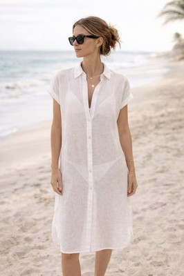 Linen Blend White Dress Button Up Quiet Lux Vacation Beach Capsule Minimalist S