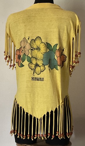 Vintage 1980s Radical Sunny Yellow Hawaiian Flower Top Bead Fringe Size Small - Picture 2 of 9