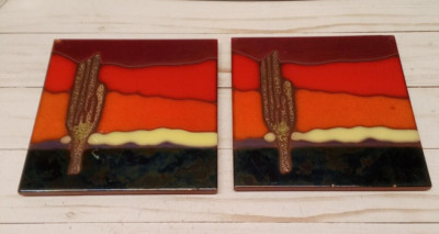 2 Italian ceramic tile southwestern cactus colorful desert background some wear