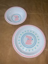 Vintage Hallmark Pink Bunny Tulip Plaid Melamine Plate Bowl Childrens Dishes
