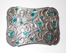 WESTERN STYLE FLORAL SCROLL BELT BUCKLE WITH CYAN CRYSTALS NICE  EXTRA CRYSTALS