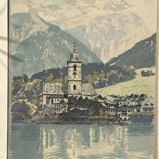 Hans Figura Vintage Hand Signed Aquatint Etching, St. Wolfgang Im Salzkammergut