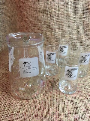 1970 s  BC Caveman Comics Clear Glass Pitcher- 4 Glass Set Dimpled Grog Hart-Vtg