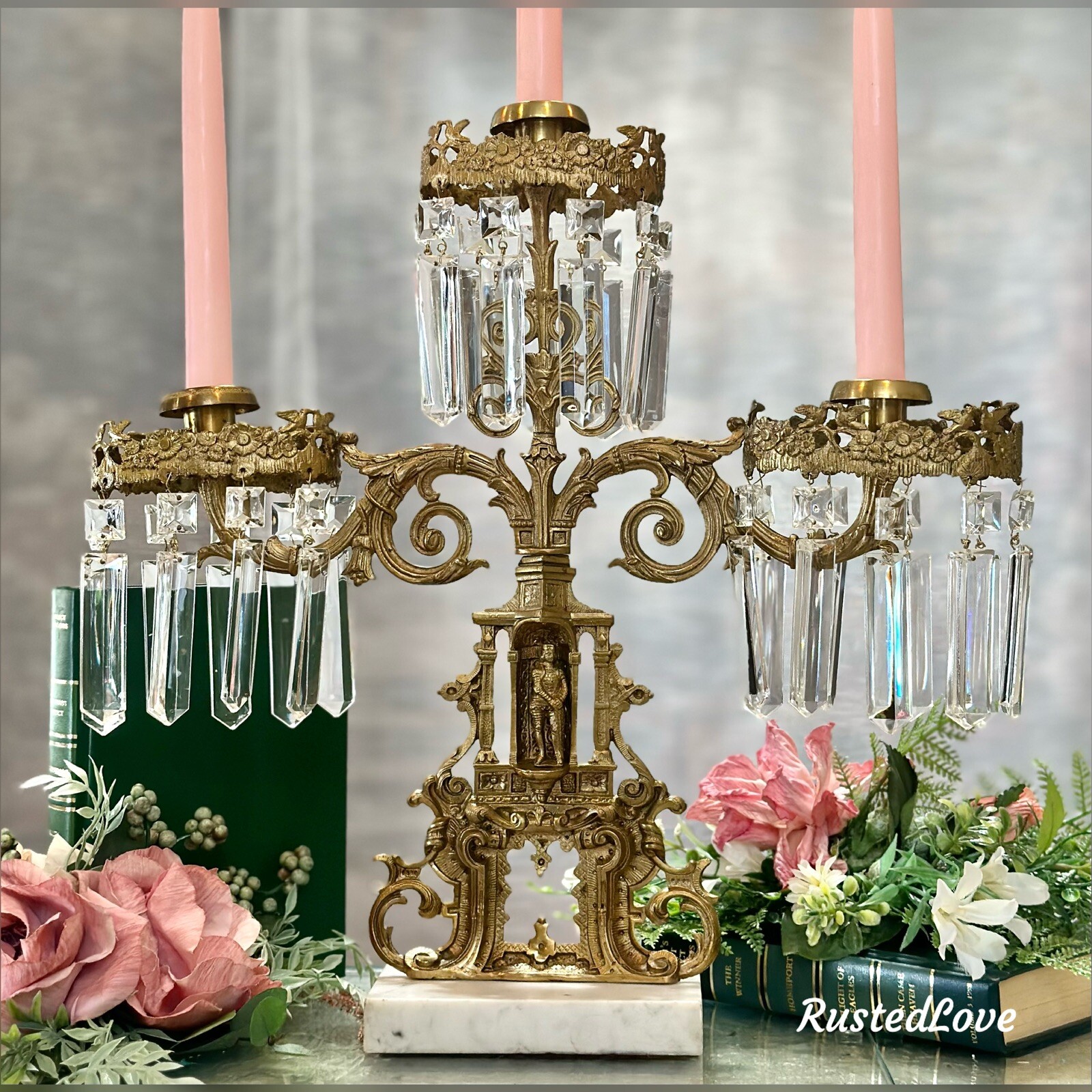 Antique Victorian Girandole Candlesticks Marble Brass & Crystal Prisms