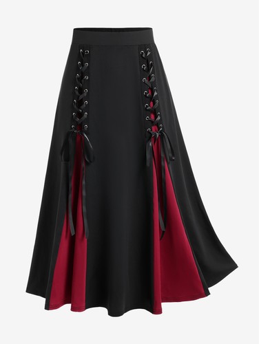 Gothic Lace Up A Line Skirt Hem Colorful Elastic Waisted Midi Skirt Ladies Cozy - Picture 10 of 26