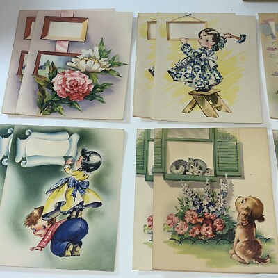 Sweet VTG 40s 50s Greeting Note Cards w Box Envelopes Cat Dog TV Floral Children