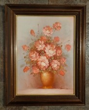Framed Original Signed Floral Oil Painting - Pink Flowers in Vase by Robert Cox