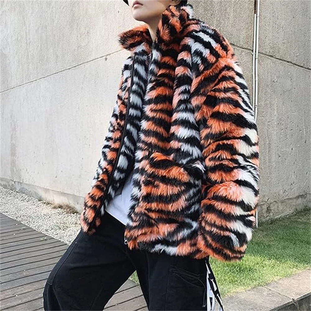 Men s Loose Fit Faux Fur Coat Tiger Pattern Jacket Winter Warm Thicken Outwear