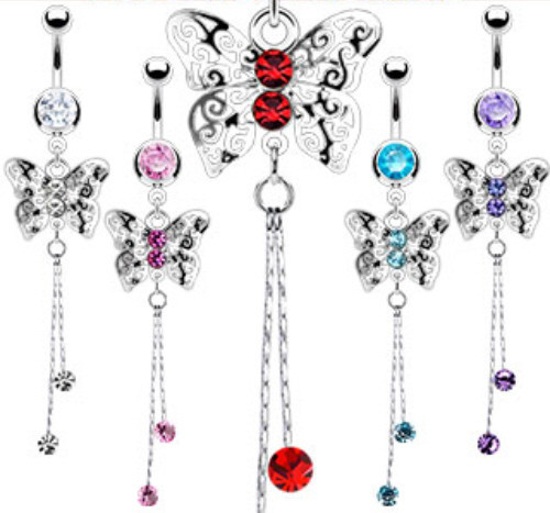 B#301 - 5pc Laser Cut Butterfly Dangle Navel Rings 14g Belly Naval Wholesale Lot - Picture 1 of 1