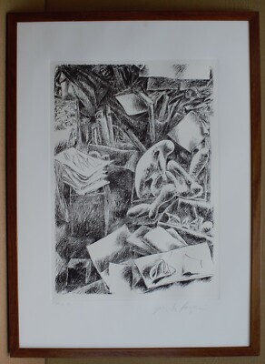 Abstrakte Formen. Lithographie des aufgeführten italienischen Künstlers Pericle Fazzini um 1965