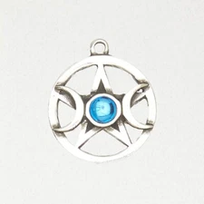 Pentacle w/ Green Stone Pewter Pagan Celestial Silver Moon Pendant