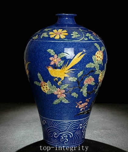 Vase bouteille 15,3" Xuande couleur émail bleu porcelaine vente en gros fengshui fleur oiseau prune