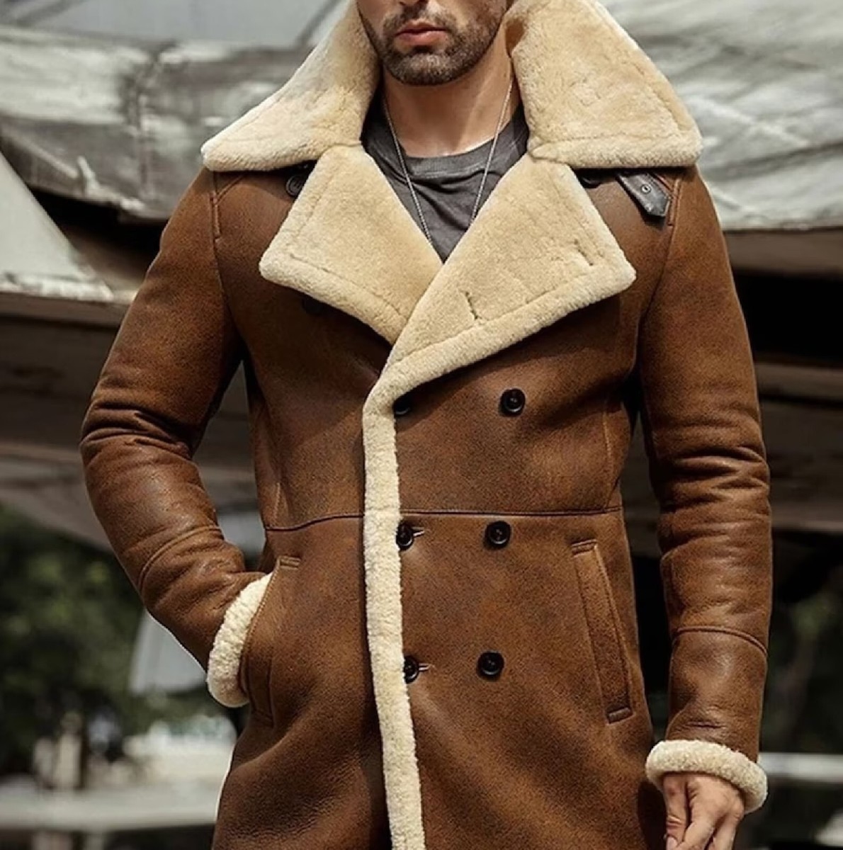 leather trench coat shearling winter coat mens