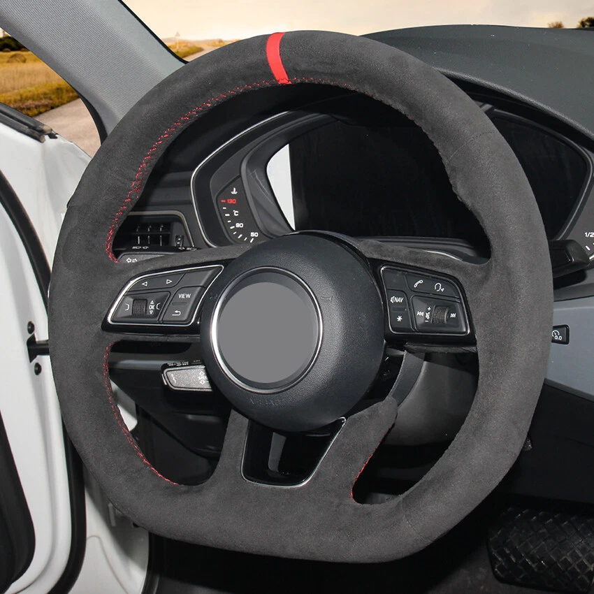 Cubierta de volante de coche suave de gamuza negra cosida a mano para Audi A3 A4 A5 2018 Foto 4 de 4