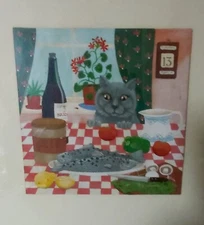 Sylvia EMMONS The Hungry Cat - The Hungry Cat - Gouache Painting on Cardboard 20th Century