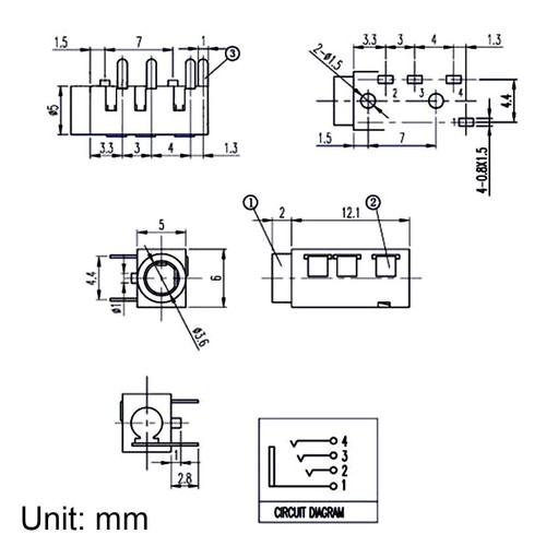 50Pcs PJ320A Female Audio Jack Connector 3.5mm 1/8 4Pin PCB DIP Stereo Headphone - Picture 4 of 4