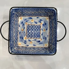 Temptations Tara Old World Blue 2.5qt Square Baking Dish Casserole & Metal Rack