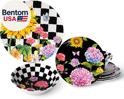 Sunflower 12-Piece Melamine Dinnerware Set Include Plates/Dishes and Bowls, Serv