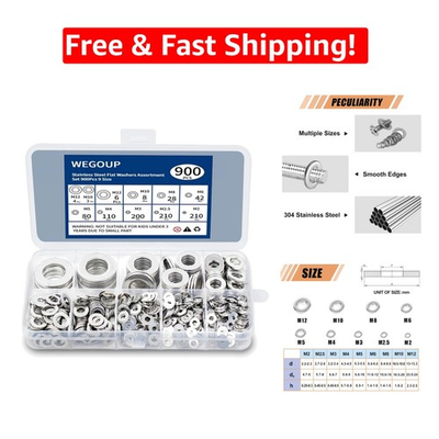 #ad Wegoup 900 Pcs 304 Stainless Steel Flat Washers Assorted Sizes for Every Project $12.32