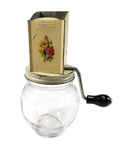 Vintage Androck Nut Meat Chopper Floral Design Glass Jar 5935
