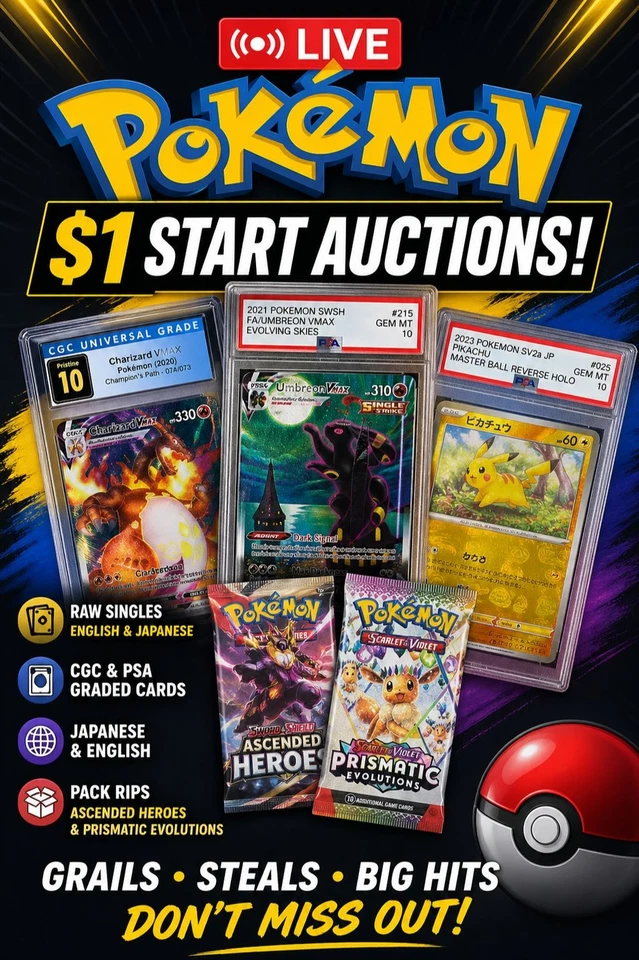 $1 Start Singles & Slab Auctions & ASCENDED HEROES PACK RIPS
