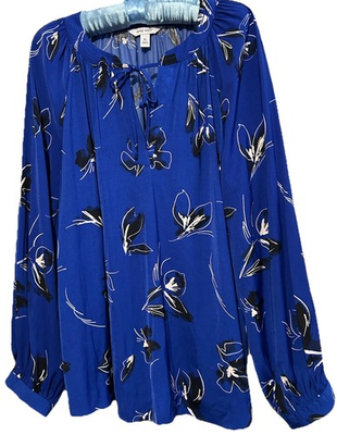 #ad Nine West Top XL Blue Black Floral Print Silky Long Sleeve Popover Shirt Blouse $24.00