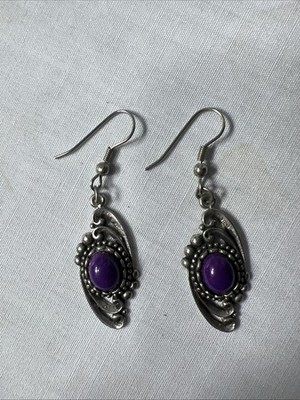 Vintage ege89 Pewter Dangle Hook Earrings With Bright Purple Bead LASTCHANCE