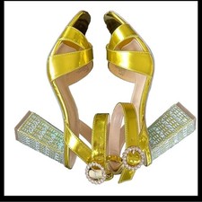Betsey Johnson SB-Bell Yellow Gold Metallic Crystal Embellished Heel Sandals 8