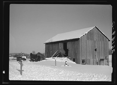 Photo:Oswego County New York 1937 Hay Loading Barn Horses Snow Farm Scene