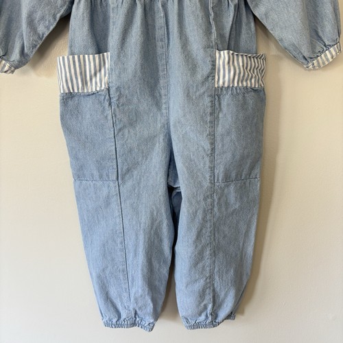 Vintage Oshkosh Denim Bubble Jumpsuit Romper 4T Peterpan Collar Pockets USA 90s - Picture 12 of 24