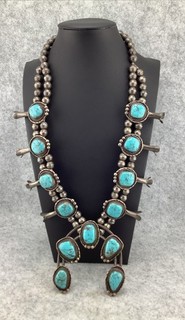 Native American Turquoise Squash Blossom Sterling Silver Necklace 173.97g 23”