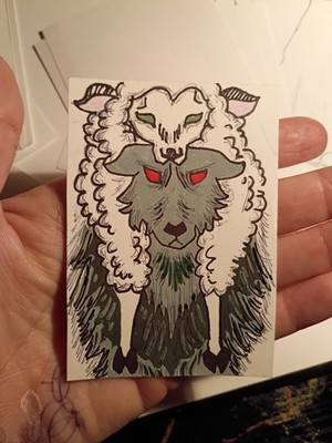 Aceo Print of original Wolf in Sheep's Clothing Drawing 2.5x3.5 Curious Crafter 