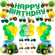 76PCS Green Tractor Themed Party Supplies with Tractor Banner Balloons Garland, 