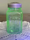 Vintage Hazel Atlas Embossed Uranium Vaseline Glass Salt Shaker w/Lid UV Glow