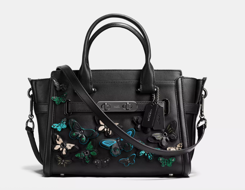 NWT Coach Butterfly Applique Coach Swagger 27 In Black Glovetanned