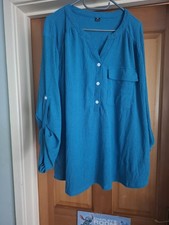 Shein Curve Size 3xl Uk 22-24 Crinkle Fabric Roll Sleeve Tunic In Turquoise Vgc
