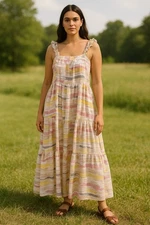 Moon River Abstract Pastel Brushstroke Maxi Dress Medium Ruffle Straps Boho Y2K