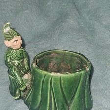 Green Ceramic Elf Tree Stump Planter, Glazed Leaf Fantasy Decor