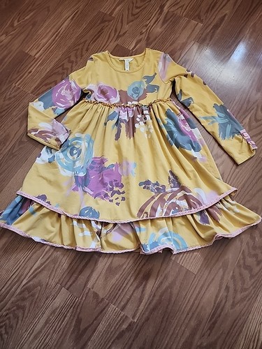 MATILDA JANE Mustard Color Floral Girls Dress Size 10 Long Sleeve Ruffles